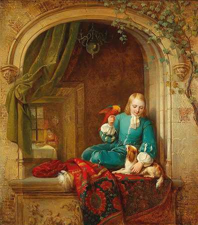 亚历克西斯·范·哈姆（Alexis Van Hamme）的《一个男孩在窗口与小狗和鹦鹉》（A Boy at the Window with Small Dog and Parrot）