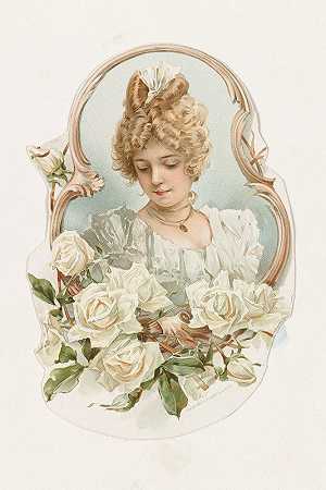 Louis Prang的《戴着白玫瑰的女人的头像》