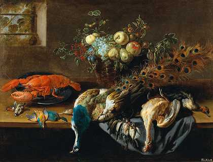 阿德里安·范·乌得勒支的《一只孔雀、水果、龙虾和鸟的静物》