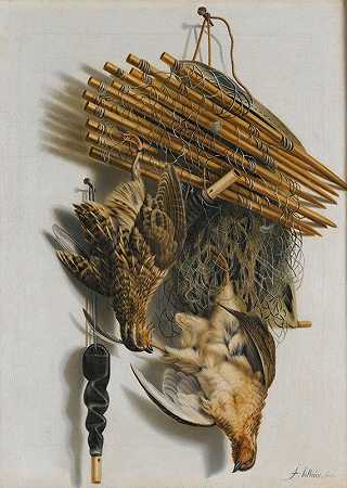 雅各布斯·比尔提乌斯（Jacobus Biltius）的《两只鹌鹑、一张鸟网和一声哨声的Trompe L’oeil静物》