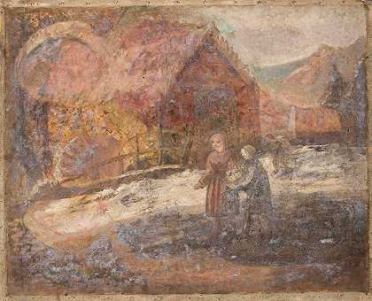 塔德乌什·马科夫斯基的《风景背景下的两个小女孩》