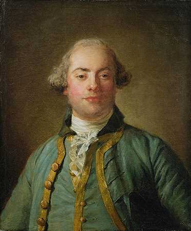 让-巴蒂斯特·佩罗诺（Jean-Baptiste Perronneau）的《绅士肖像，胸围长度，身穿蓝金色衬里腰衣和白色化装》