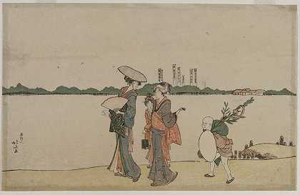 北斋胜之《沿着隅田河散步的妇女和儿童》