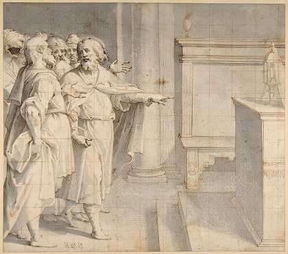 乔瓦尼·巴蒂斯塔·特罗蒂（Giovanni Battista Trotti）的《一位男性圣徒身后跟着一群男人，指着祭坛上的怪物》