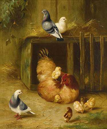 埃德加·亨特的《鸽子和小鸡与母鸡》
