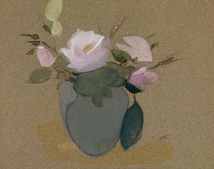 海伦·施杰夫贝克的《蓝绿色花瓶中的玫瑰》