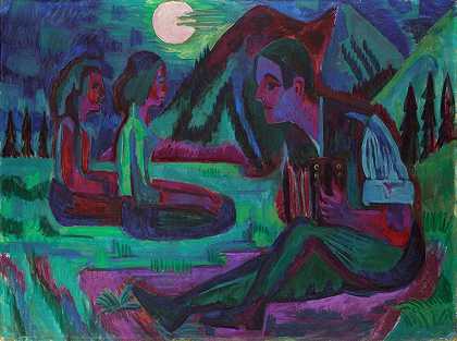 恩斯特·路德维希·凯尔希纳的《月光之夜的月亮，手风琴演奏家》