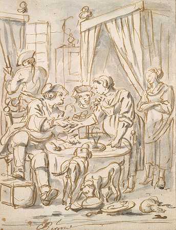 查尔斯·帕罗塞尔的《士兵在餐桌上的内景》