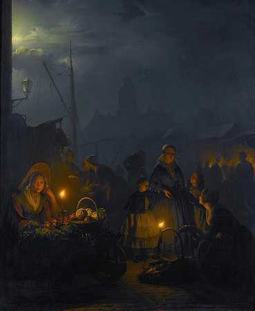 Petrus van Schendel《月光下的荷兰市场》