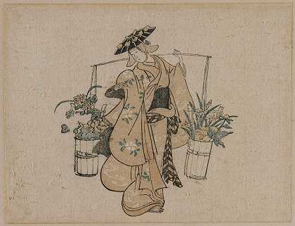 清正彻（Torii Kiyomasu）的《背着两桶花的美女》