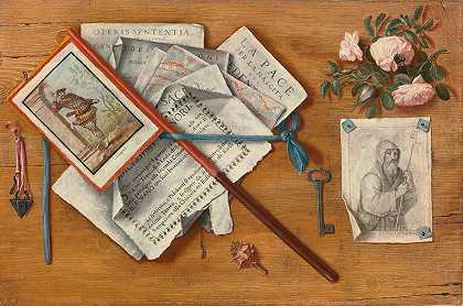 Antonio Cioci的“Trompe L”oeil静物画，木板上有字母和其他物体