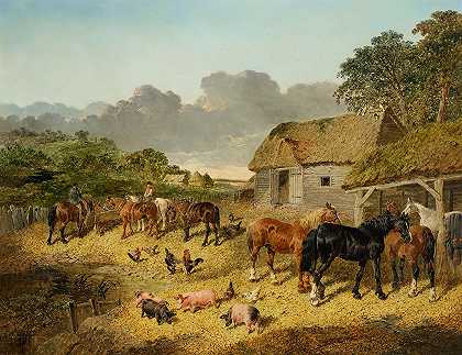 约翰·弗雷德里克·赫林（John Frederick Herring Jr.）的《在农场里与猪和鸡一起从水槽里喝水的马》。