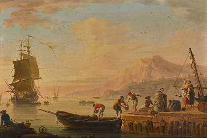 查尔斯·弗朗索瓦·格雷尼尔·德拉克鲁瓦（Charles François Grenier De Lacroix）的地中海港口场景，渔民正在卸货