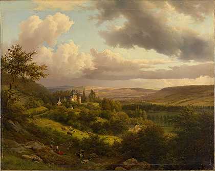 Barend Cornelis Koekkoek的“卢森堡风景，享有伯格城堡的景色”