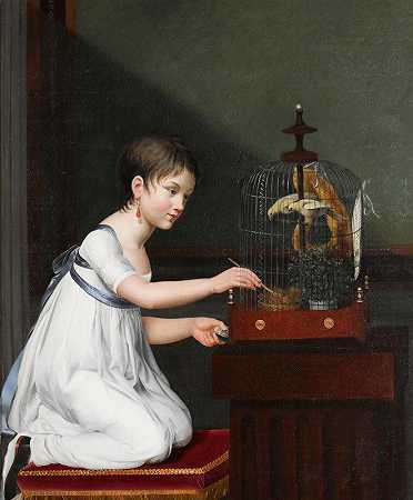 珍妮·伊丽莎白·肖德特的《一个穿着白色连衣裙、带着绿色腰带的年轻女孩跪在鸟笼边抚摸她的小鸟》