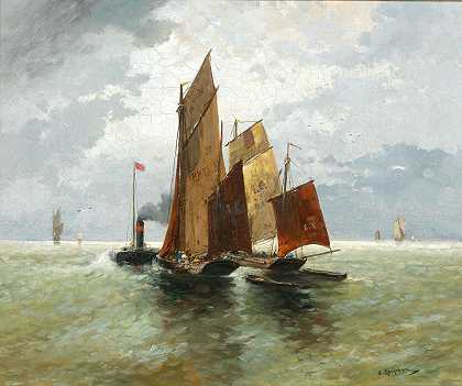 阿道夫·考夫曼的《海上汽船和渔船》