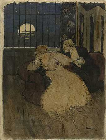 Théophile Alexandre Steinlen的《穿着裙子的领主试图说服沙发上一位怀疑的女士》