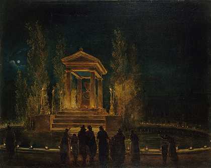 1794年10月10日至11日晚，休伯特·罗伯特（Hubert Robert）在将他的骨灰翻译成万神殿之前，在杜伊勒里盆地的让·雅克·卢梭临时陵墓
