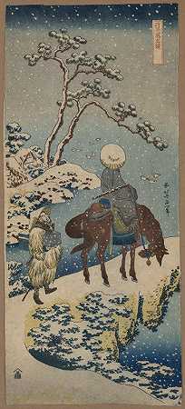 “两个旅行者，一个骑在马背上，在暴风雪中的悬崖或天然桥上”