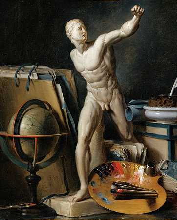 托马斯·杰尔曼·约瑟夫·杜维维尔的《球体、调色板和古董石膏的静物》