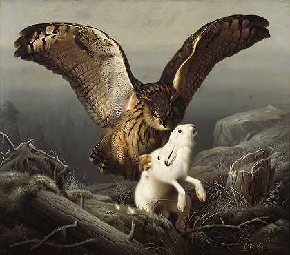 费迪南德·冯·赖特的《一只鹰猫头鹰抓住一只兔子》