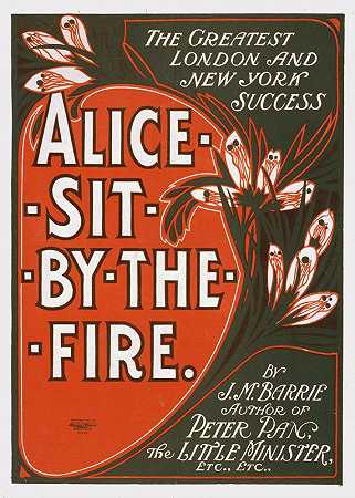 “爱丽丝坐在美国平版印刷的火旁。