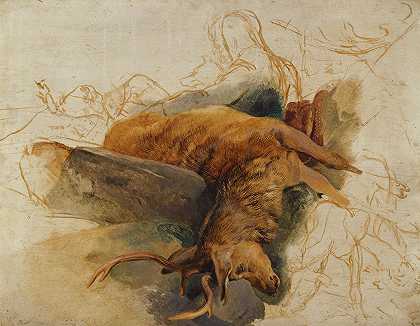 埃德温·亨利·兰瑟尔爵士的《一只死鹿，带着一只狼人和猎犬的草图》
