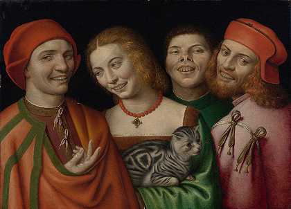 乔瓦尼·保罗·洛马佐的《三个男人和一个女人抱着猫》
