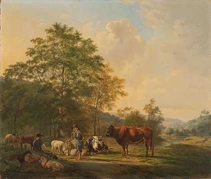 《牧羊人、车夫和牛的丘陵风景》，彼得·杰拉尔杜斯·范·奥斯著