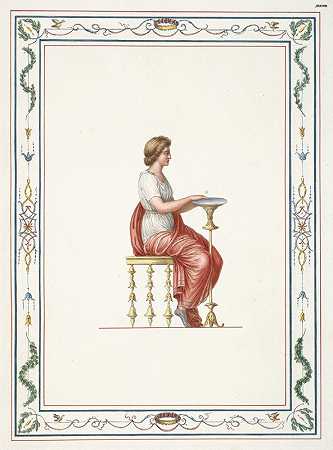 “坐在小桌子旁的穿着古典服装的女人。”皮埃尔·让·马里埃特著