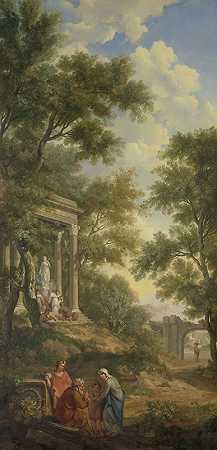 尤里安·安德列森（Jurrian Andriessen）的《阿卡迪亚风景，左边是一座寺庙，前景是一位坐着的老人》
