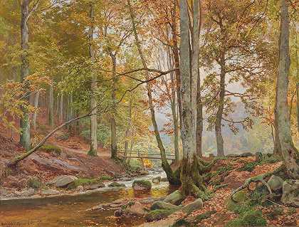 Heinrich Böhmer的《溪边桥上的秋天林地》
