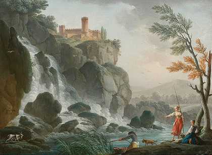 查尔斯·弗朗索瓦·格雷尼尔·德·拉克鲁瓦《在瀑布的河边钓鱼，城堡下面》