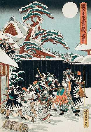 “第XI幕莫罗瑙被从藏匿处拖出来，并被Yuranosuke确认身份，然后被杀莫罗诺的随从被Utagawa Kunisada（Toyokuni III）追捕