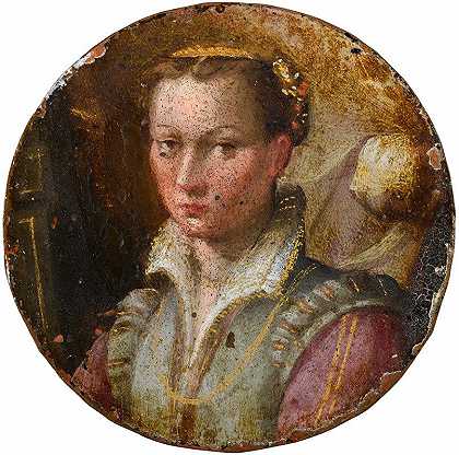 拉维尼娅·丰塔纳（Lavinia Fontana）的《一位身穿粉色袖子绿色连衣裙的半身少女肖像》
