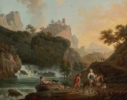 克劳德·约瑟夫·弗内特（Claude Joseph Vernet）的《河边有瀑布，远处有渡槽，有渔夫和旅行者的岩石风景》