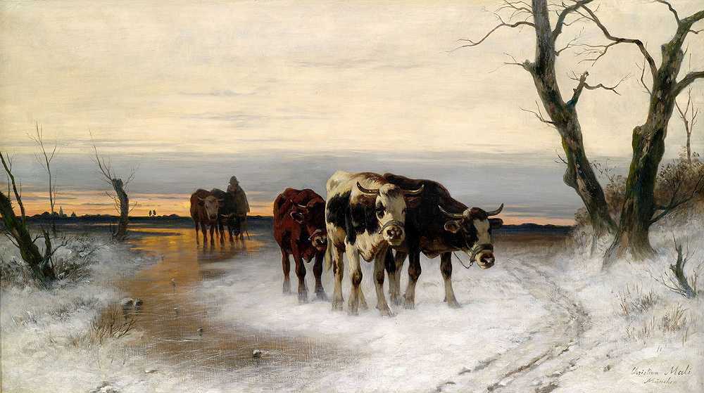 克里斯蒂安·马里（Christian Mali）《冬季风景中牧群的家庭驱赶》
