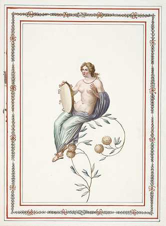 皮埃尔·让·马里埃特（Pierre Jean Mariette）的《半裸体女人坐在开花的树枝上，拿着手鼓》