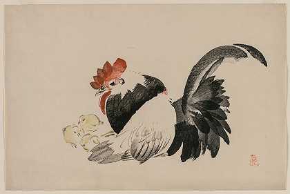 Shibata Zeshin的《公鸡、母鸡和小鸡》
