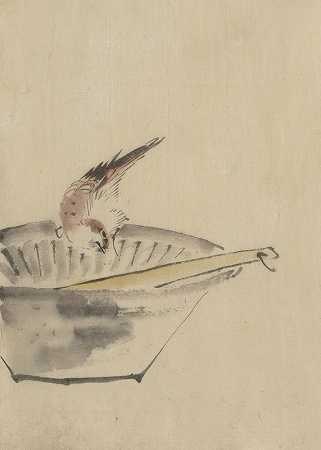 “一只鸟栖息在碗边，翘着头，看着碗里的一件器皿”，作者：北斋胜信