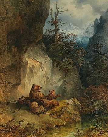 弗里德里希·奥古斯特·马蒂亚斯·高尔曼（Friedrich August Matthias Gauermann）的《一只母熊及其幼崽与雄鹿》