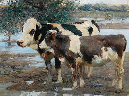 海因里希·冯·苏格尔的《水边的两只奶牛》