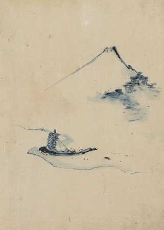 “一个人坐着小船在河上，背景是富士山”，作者：北斋胜