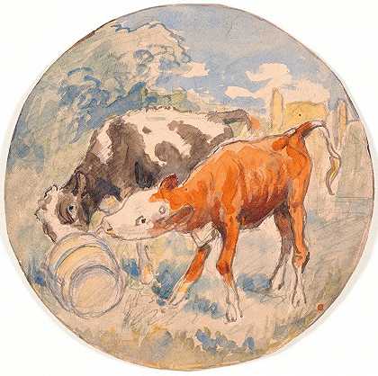 西奥多·菲利普森（Theodor Philipsen）的《两只小牛在露天舔舐一只卷起的蒲公英（陶瓷盘）》