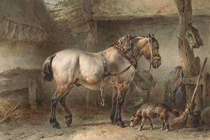 《马厩里的马和狗》作者：Wouterus Verschur