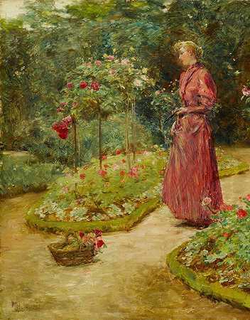 《在花园里剪玫瑰的女人》