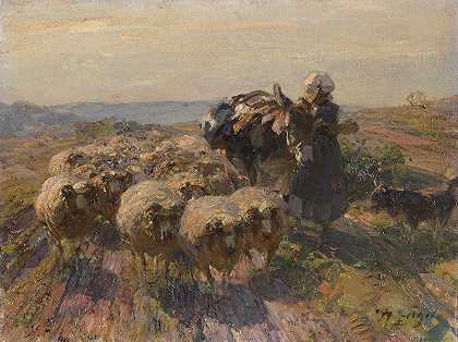 海因里希·冯·苏格尔（Heinrich Von Zügel）的《羊群与牧羊女和驴在田野上》
