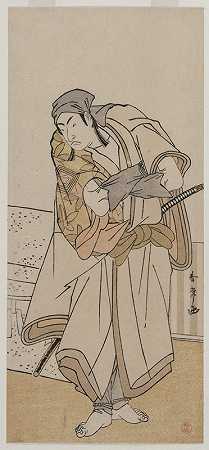 《一川门之助II站在石盒旁》，作者：胜川顺治（Katsukawa Shunjō）