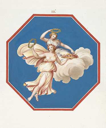 皮埃尔·让·马里埃特（Pierre Jean Mariette）的《两个女人骑着云，手持花圈和鲜花的八角形画》