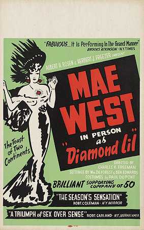 Artcraft Lithograph的“Mae West亲自饰演”Diamond Lil“